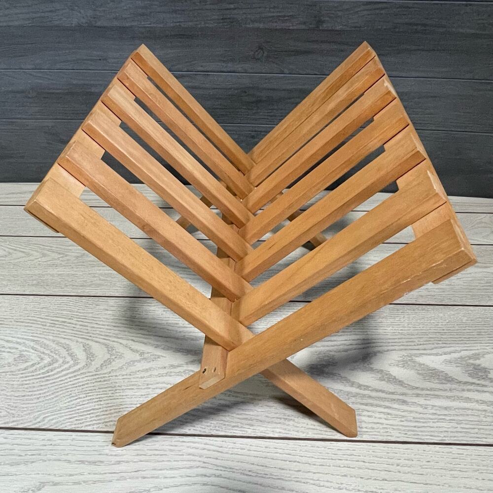 Vintage Dolphin Genuine Teakwood Folding Magazine Stand Newspaper Collapsible